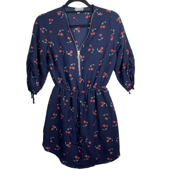 J for Justify Wm’s Sz Sm Navy Blue Cherry Print Gold Zipper Lined Mini Dress - Picture 1 of 6